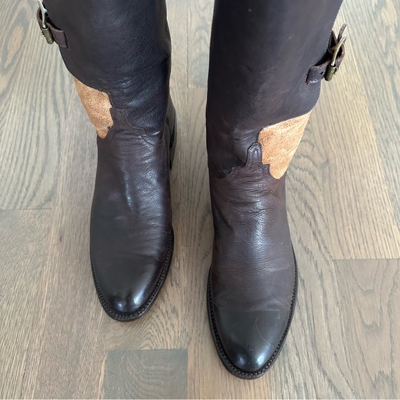 Kemosabe + Lucchese Tall Buckle Leather Equestrian Riding Boot Brown & Tan 9M - Picture 4 of 8